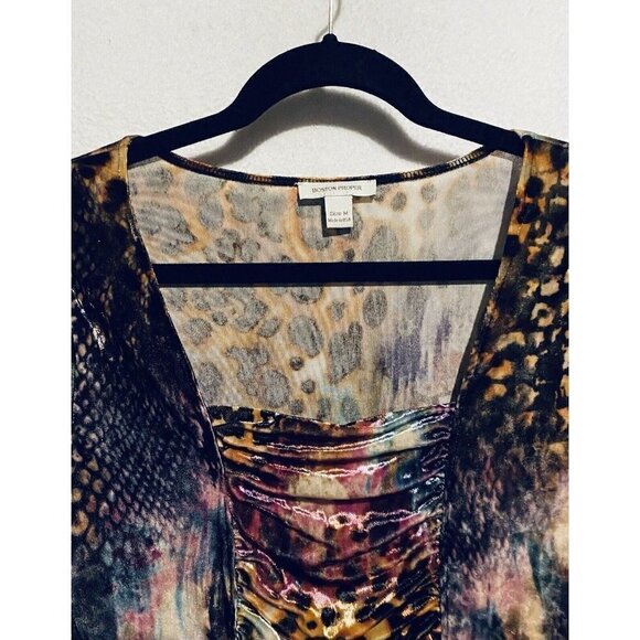 Boston Proper Top Womens Medium Multicolor Animal Print Velvet Ruched Y2K Boho - Picture 3 of 8